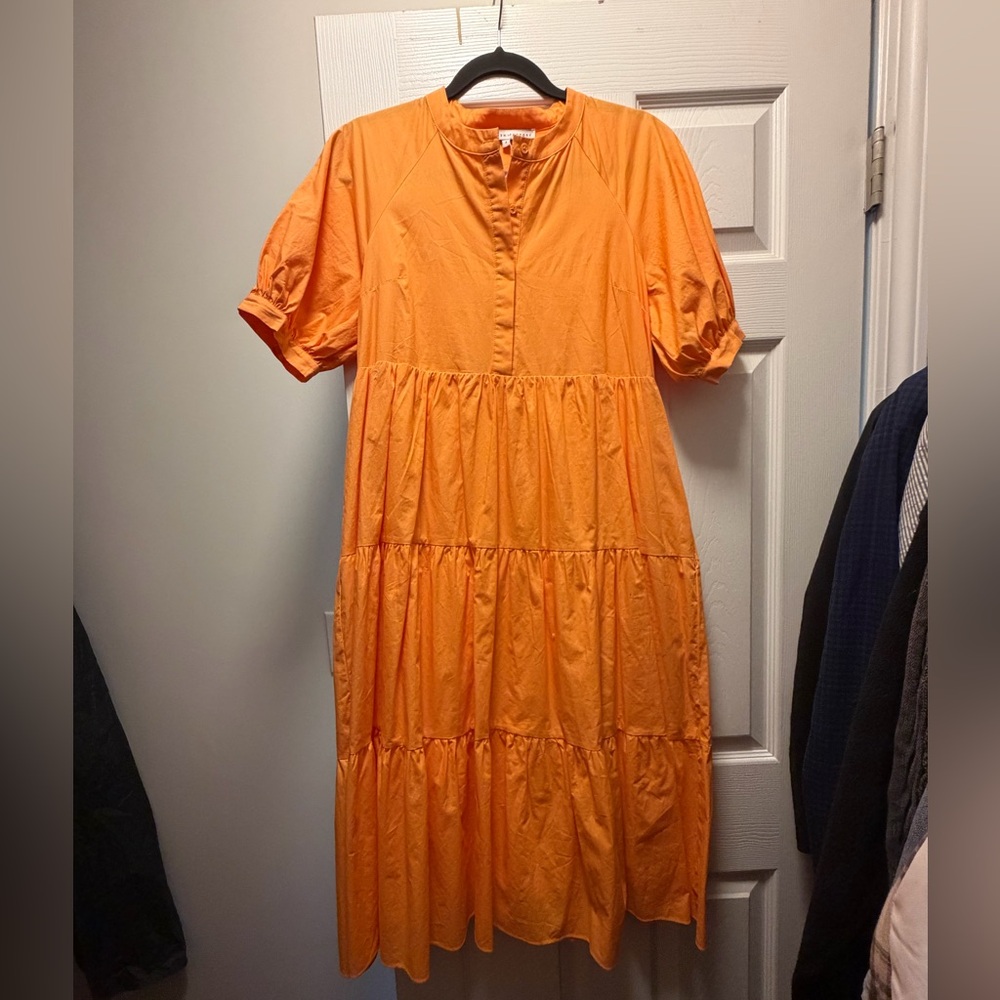 English Factory Orange Tiered Midi Dress with Puff Sleeves